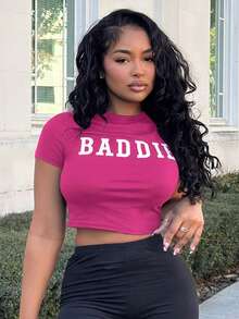 Alexandranx Women Round Neck Letter Print Short Sleeve Fitted Cropped T-Shirt - Hot Pink - View 6