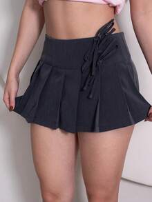 Duda Rubert Chân váy ngắn xếp ly buộc vạt bên hông cho nữ - Xám - Xem 4