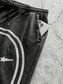 EVRINFINITE Cotton Men's Patchwork Front Drawstring Pocket Casual Sweatpants, Men's Drawstring Waist Printed Wide Leg Fashion Sweatpants - Black - View 3