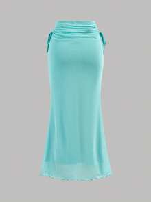 SHEIN 少女时尚休闲针织露背上衣和迷你裙套装 - 藍色 - 查看 7