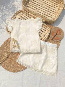 SHEIN Summer New Fashionable Baby Girls 2pcs Set, Wave Mesh Patchwork Cap Sleeve French Blouse + Skirt, Cute Sweet Outfit - Apricot - View 2