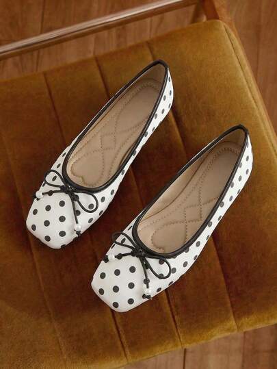 Plus Size Fashion Women's Polka Dot White Square Toe Ballet Shoes, Slip-On Casual Comfortable Loafers, Versatile For Dresses, Spring/Autumn 2025 New
