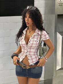 StreetHx Áo sơ mi kẻ caro ôm dáng, cổ chữ V gợi cảm - Nhiều màu - Xem 4