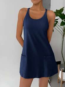 SHEIN EZwear 女士极简纯色无袖连衣裙配打底裤，日常穿着，大码，防走光 - 藏蓝色 - 查看 3