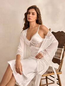 Charlaine Elegant Satin Lace Maxi Robe Nightgown Set For Women - White - View 1