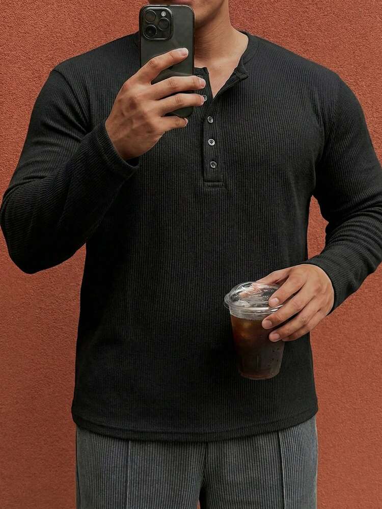 Men's Plus Size Ribbed Long Sleeve Half-Zip T-Shirt, Spring/Summer