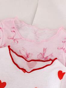 SHEIN 新生女宝宝可爱休闲卡通印花短袖上衣和松紧腰裤家居服套装 - 彩色 - 查看 5