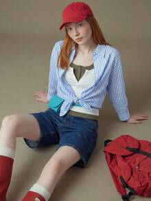 Elnivra 法式优雅梭织翻领长袖系带开衫，条纹女式衬衫，秋季新品 - 藍色 - 查看 2