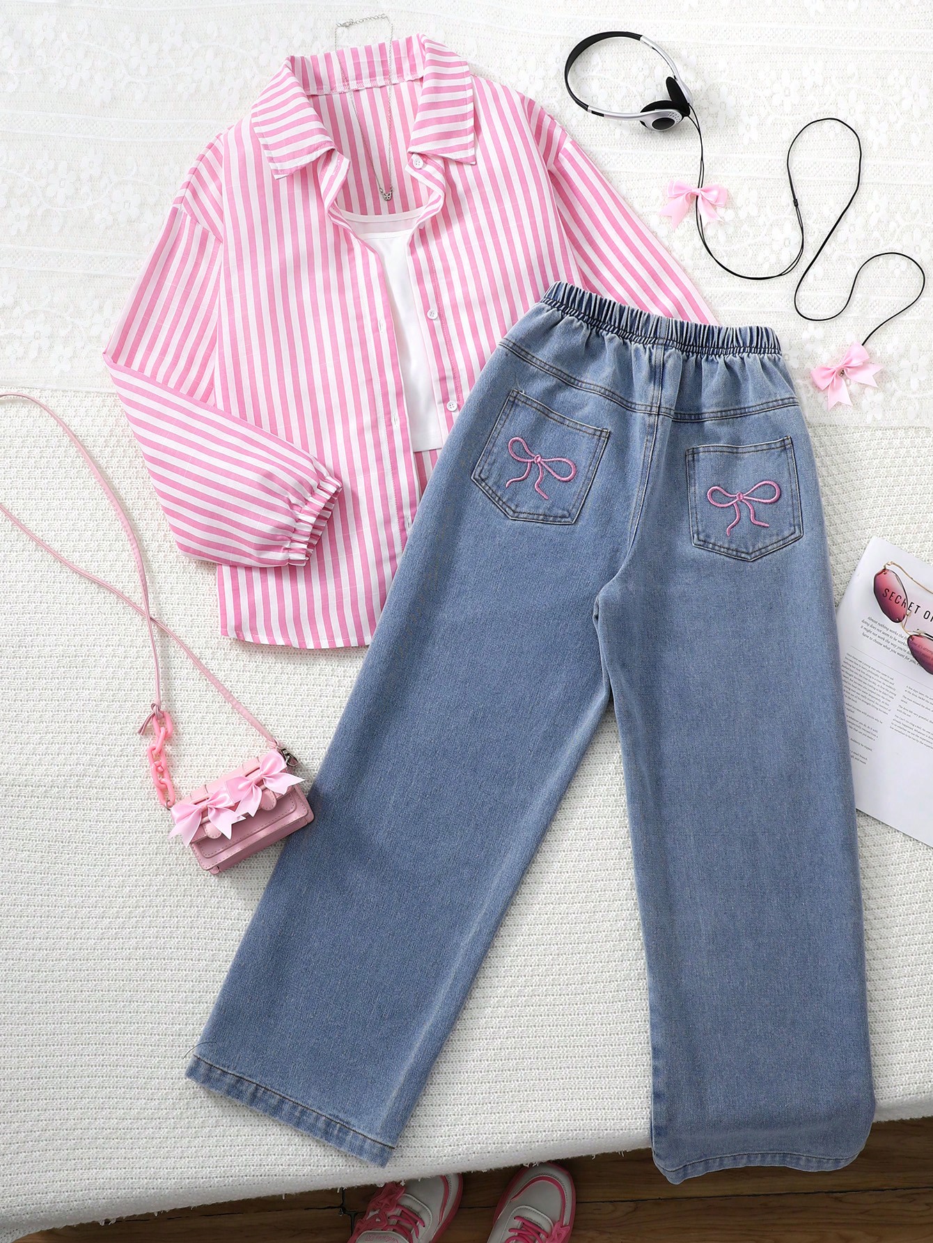 SHEIN 3 قطع مجموعة قميص أكمام طويلة مخطط ناعم للبن...