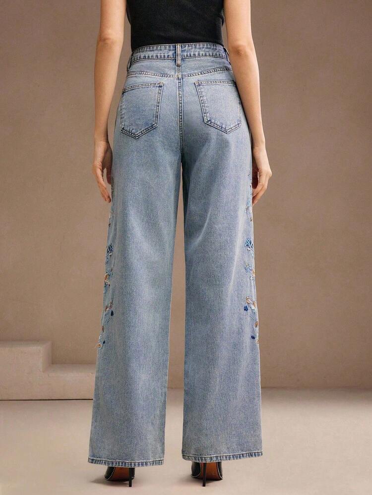Women's Elegant Party & Vacation Straight-Leg Floral Embroidered Blue Denim Pants, Spring