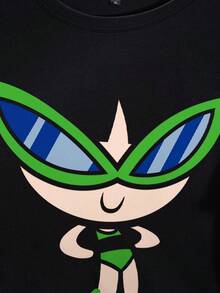 THE POWERPUFF GIRLS X SHEIN 大码休闲卡通印花短袖T恤，夏季 - 黑色 - 查看 4