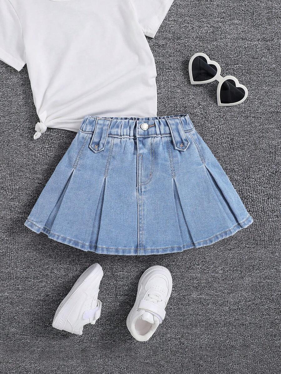 SHEIN Young Girl's Casual Pleated Denim Skirt, Summer - Light Wash - View 1