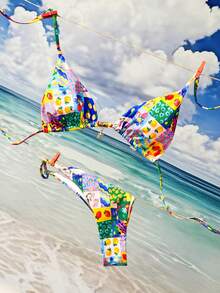 Swim Mod 2pcs/Set Women Summer Beach Vacation Swimsuit, Cute Random Print Triangle Top With Tie And Bikini Bottom Swimwear Set - Multicolor - View 6