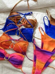 Swim Vcay 女款漸層印花性感比基尼兩件套，掛脖上衣搭配漸層印花性感三角褲，適合曬日光浴、度假、游泳派對 - 彩色 - 查看 6