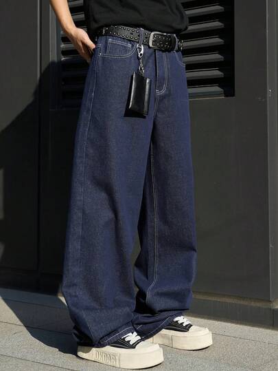 Manfinity EMRG Quần jeans nam dáng casual có túi và cúc cài, đa năng, thích hợp mặc hàng ngày.