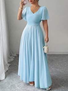 Elenzga Plus Size Women's V-Neck A-Line Chiffon Dress With Ruffle Sleeves, Simple Elegant And Romantic - Blue - View 6