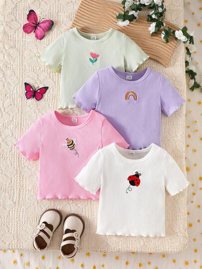 SHEIN Vintaside Kids 4pcs Baby Girl Casual Versatile Cute Embroidered Short Sleeve Tops
