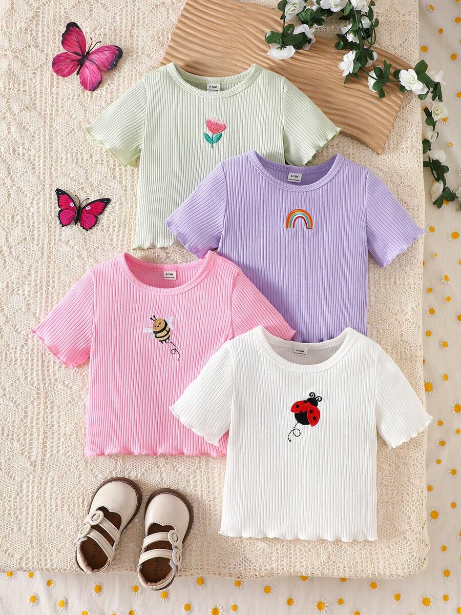SHEIN Vintaside Kids 4件套女婴休闲百搭可爱刺绣短袖上衣 - 紫色 - 查看 1