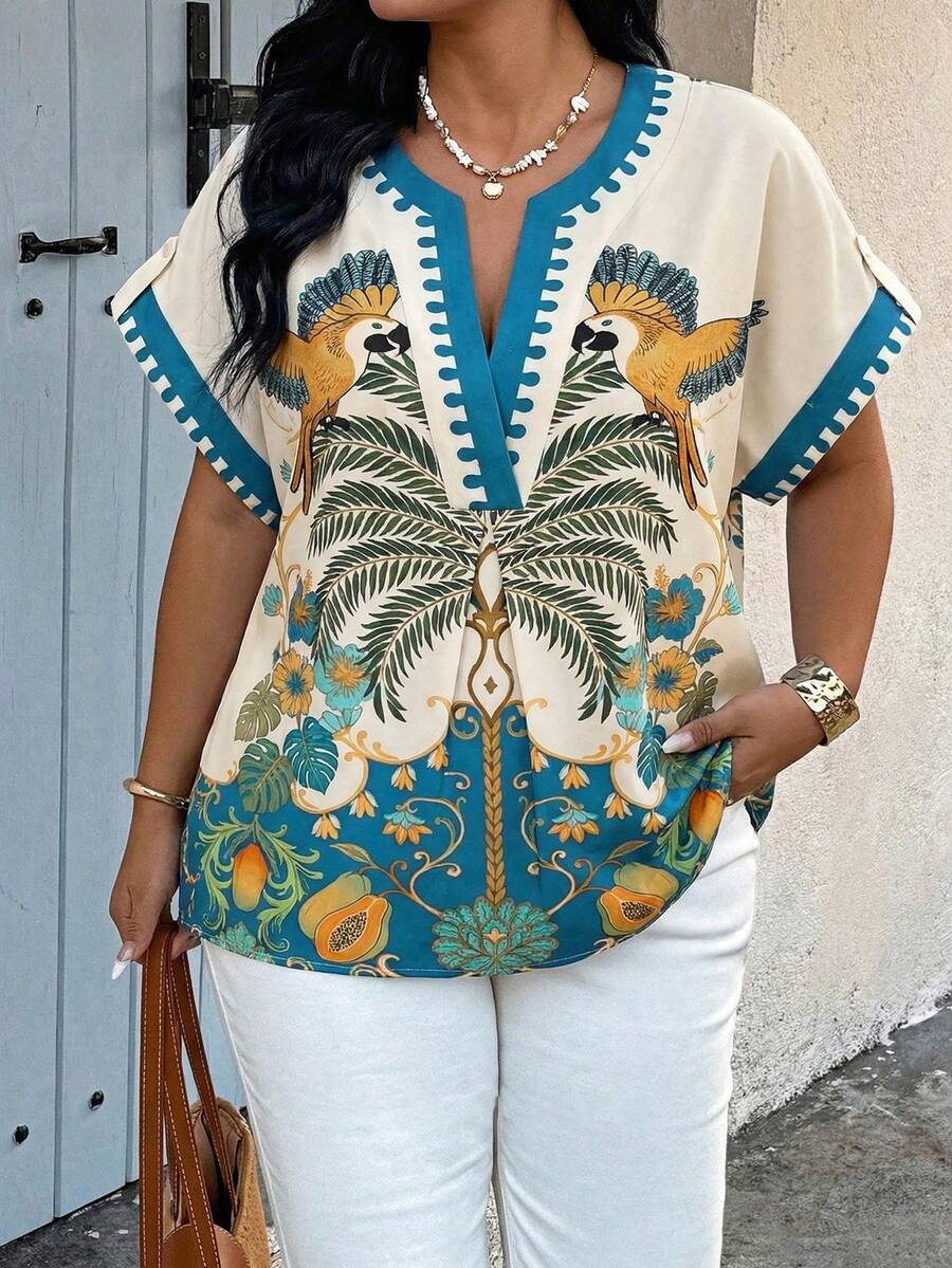 SHEIN LUNE Plus Size Women's V-Neck Floral Print Casual Vacation Shirt, Spring/Summer - Multicolor - View 1