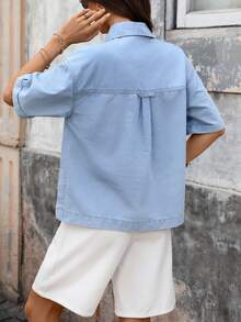 Breezaya 女士休闲翻领口袋短袖牛仔衬衫，夏季 - 藍色 - 查看 2