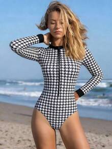 Swim SPRTY Women's One-Piece Random Houndstooth Print Long Sleeve Zipper Beach Vacation Surfing Swimsuit - Black and White - View 5