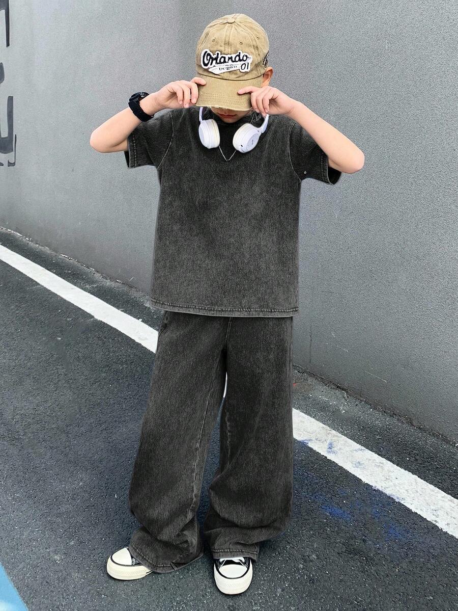 SHEIN 男童夏季休闲短袖上衣和牛仔裤套装 - 黑色 - 查看 1