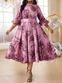 Fleurora Spring And Summer Autumn And Winter Elegant Party Evening Wedding Cocktail Party Wedding Purple Belted Bell Sleeve A Line Dress Plus Size Co-Ords Fall - Multicolor - View 6
