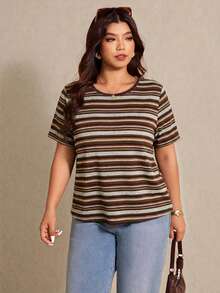 Elaquor Áo thun ngắn mùa hè dáng rộng kẻ sọc phối màu, cỡ lớn, thích hợp cho kỳ nghỉ. - xanh quân đội - Xem 5