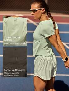 GLOWMODE Camiseta de cuello redondo de ajuste regular, ultraligera, de secado rápido, con dobladillo curvo, costuras reflectantes, para correr, entrenar, tenis y uso diario activo - Verde - Ver 4