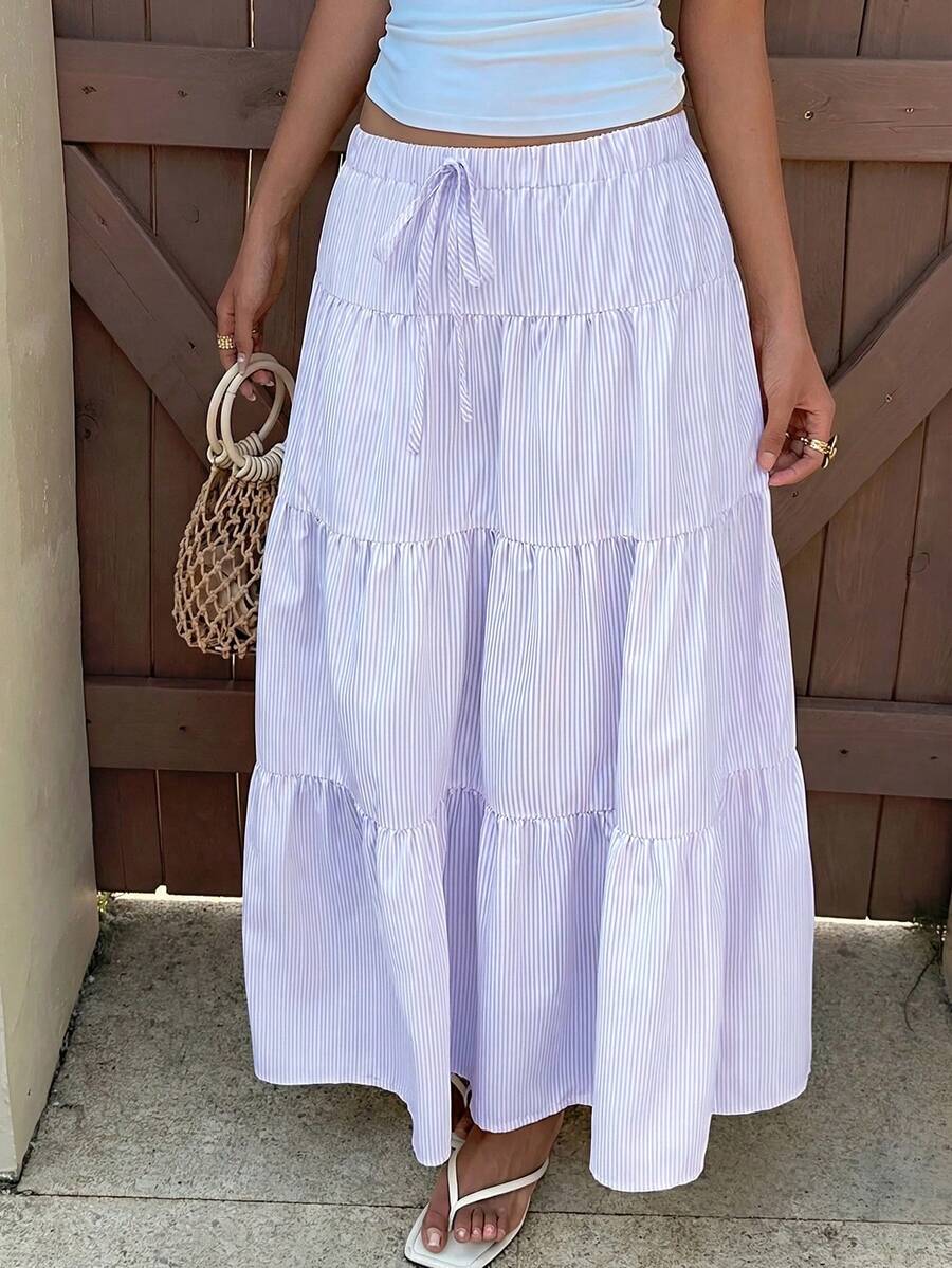 SHEIN EZwear 米黄色条纹半身裙，适合夏季度假，女士多层半身裙，夏季长裙，女士夏季服装，女士长裙，女士半身裙 - 淡紫色 - 查看 1