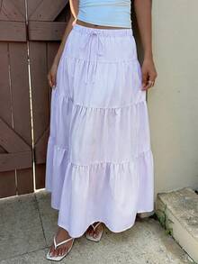 SHEIN EZwear 米黄色条纹半身裙，适合夏季度假，女士多层半身裙，夏季长裙，女士夏季服装，女士长裙，女士半身裙 - 淡紫色 - 查看 3