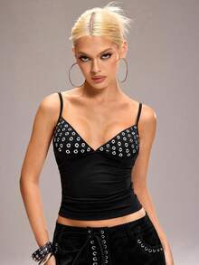 Y2Kool BiGraphic Áo camisole nữ kiểu punk tối màu, đính đinh tán, phối nhiều mảnh, phong cách Y2K. - màu đen - Xem 3