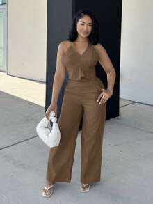 Alexandranx 深 V 领无袖露背上衣和阔腿裤 2 件套，优雅淑女风格套装，适合办公室、通勤、街头穿着、瘦身增高、春夏 - 駝色 - 查看 1