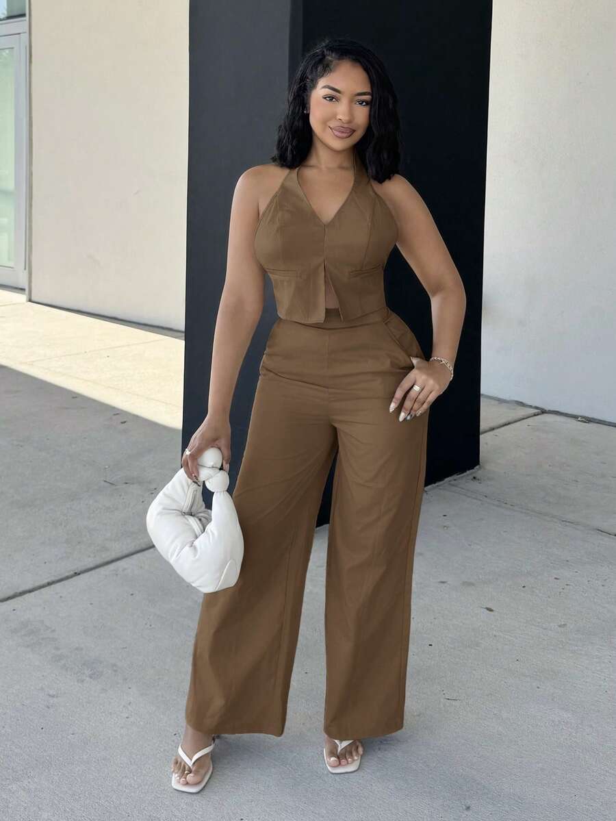 Alexandranx 深 V 领无袖露背上衣和阔腿裤 2 件套，优雅淑女风格套装，适合办公室、通勤、街头穿着、瘦身增高、春夏 - 駝色 - 查看 1