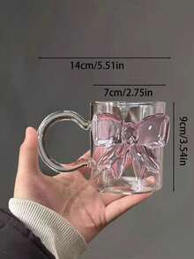 1个3D粉色蝴蝶结玻璃杯 - 少女风耐热咖啡早餐杯，带把手 - 办公饮具 - 彩色 - 查看 2
