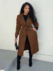Alexandranx 女式休闲纯色双排扣风衣 - 棕色 - 查看 1