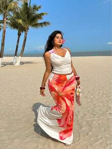 Sunnyshic Spring & Summer Vacation Beach Spaghetti Strap Floral Print Camisole And Mermaid Skirt 2-Piece Set For Women - White - View 6