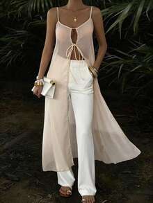 Livesso 轻薄透明白色开衫，前系带，腰部系带，中长款设计，适合春夏、音乐节、情人节、婚礼、休闲、海滩等场合。 - 米色 - 查看 1