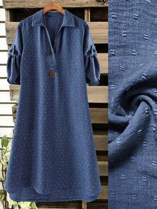 SHEIN Plus Size Women's Casual Elegant V-Neck Long Sleeve Dress Women's Casual Dress Collar Dress Women Summer Dress With Sleeve Linen Dresses For Women Denim Plus Size Dress - Navy Blue - View 1