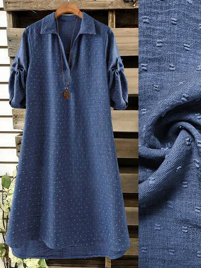 SHEIN 大码女士休闲优雅V领长袖连衣裙 女士休闲连衣裙 翻领连衣裙 女士夏季带袖连衣裙 亚麻连衣裙 女士牛仔大码连衣裙