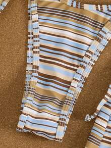 Bonvoyette 3件套女士挂脖条纹系带吊带泳衣套装，含平角泳裤，沙滩度假比基尼套装，春夏款 - 彩色 - 查看 4