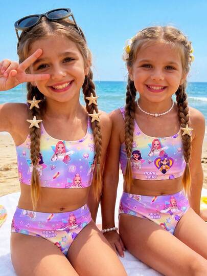 卡通女孩肖像，色彩缤纷的紫色少女休闲简约吊带泳衣套装，适合夏季穿着