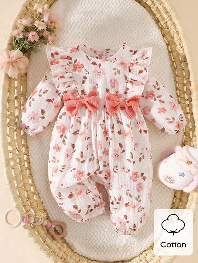 SHEIN Newborn Baby Ruffled Collar Long Sleeve Floral Butterfly Decor Romper Baby Girl Clothes Baby Outfits Newborn Baby Girl Romper Floral Baby Girl Jumpsuit Cotton Baby Clothes
