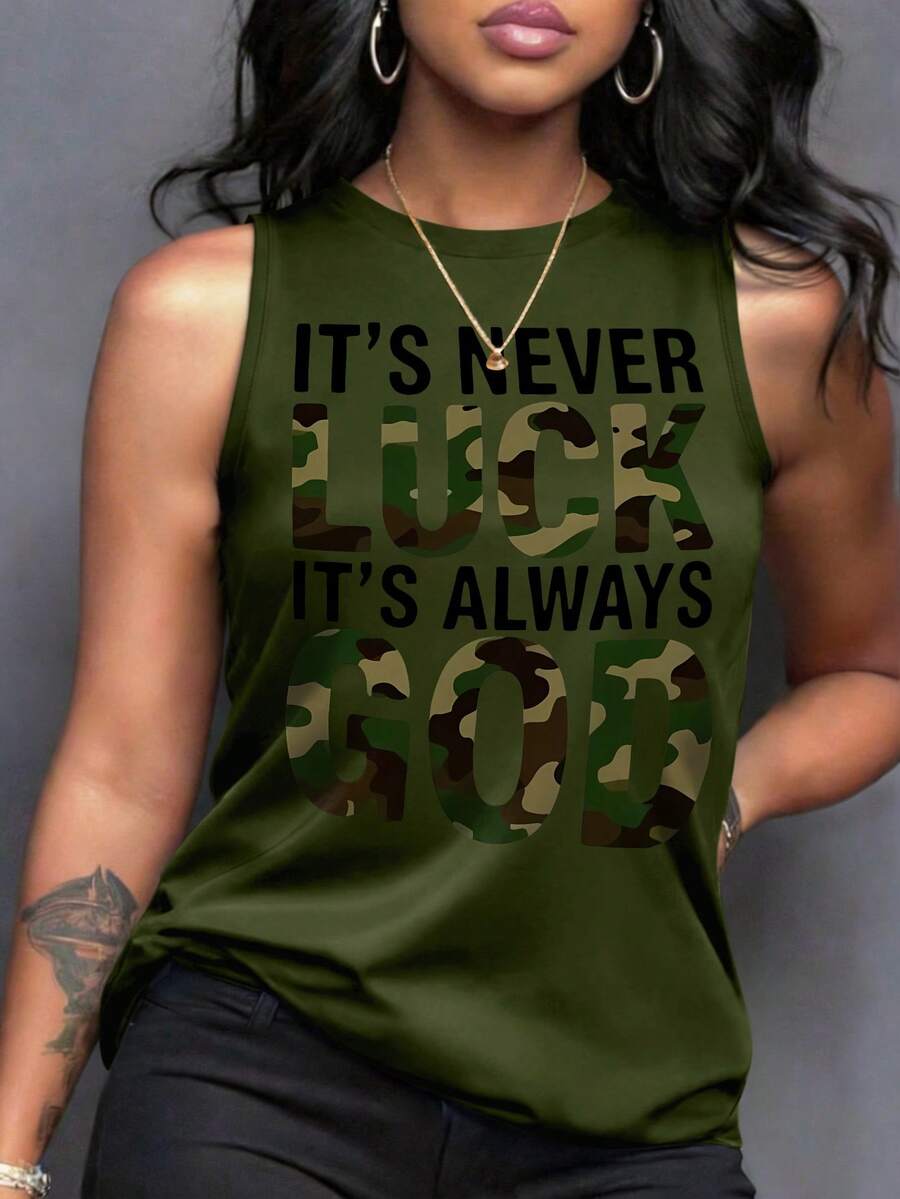 Maweii Camiseta de tirantes de cuello redondo con estampado de letras y camuflaje, para tallas grandes, de estilo casual de verano - Verde - Ver 1