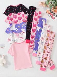 5款女童蝴蝶结、独角兽、水豚和可爱卡通印花针织弹力柔软短袖上衣和裤子睡衣套装，随机抽取2套。 - 彩色 - 查看 2