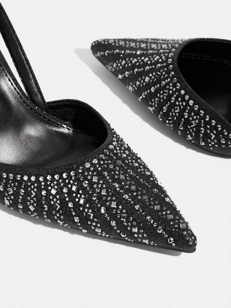 CUCCOO TILAWA Women Shoes Spring And Summer Black New Pointed Toe Stiletto Back Lift With Rhinestones Sexy Fashion Gorgeous Skirt Banquet Night Club Women High Heel Shoes Slingback Shoes