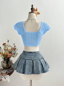 Elamini Women's Casual Versatile Vacation Style Knotted Hollow-Out Knit Top - Baby Blue - View 2