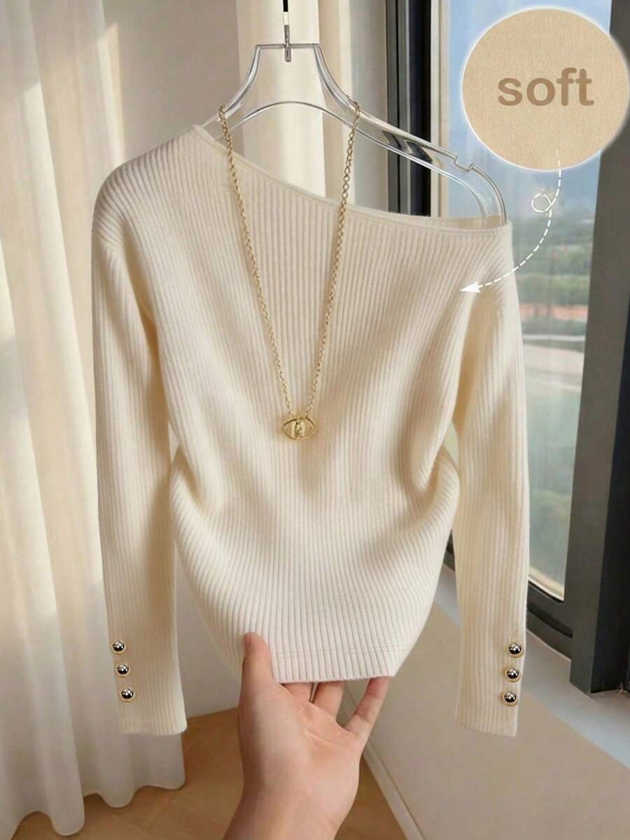 Franclia 女士单肩金属装饰开衩袖长袖罗纹纯色T恤,设计时尚百搭,是夏季穿着的完美之选,优雅女士上衣,休闲女士上衣,沙滩装,夏季假期,春季女士服装,女士情人节,狂欢节服装,女士海滩装,夏季度假,假期,女士度假,优雅女士服装。 - 杏色 - 查看 1