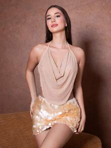 Duda Rubert Áo hai dây cổ xếp nếp đính đá Rhinestone thanh lịch lãng mạn thời trang đi làm gợi cảm cho nữ, thích hợp cho tiệc tùng, kỳ nghỉ - Màu Khaki - Xem 1