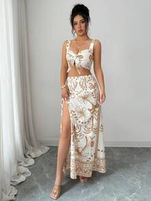 SHEIN Elenzya 女士优雅印花两件套，休闲度假沙滩装，舒适夏季套装 - 彩色 - 查看 3